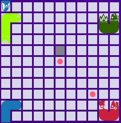 A battlesnake with food down through hazard sauce and clear space up