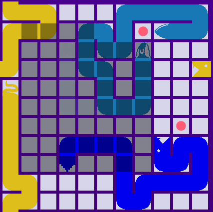 A battlesnake with food down through hazard sauce and clear space up