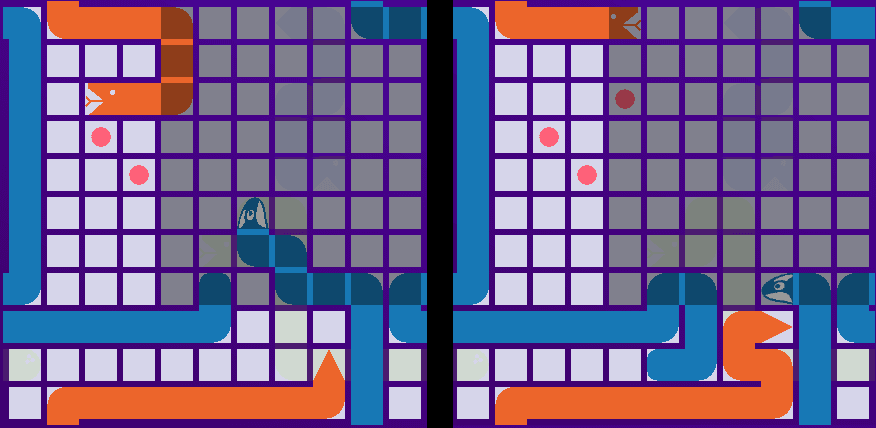 A battlesnake with food down through hazard sauce and clear space up