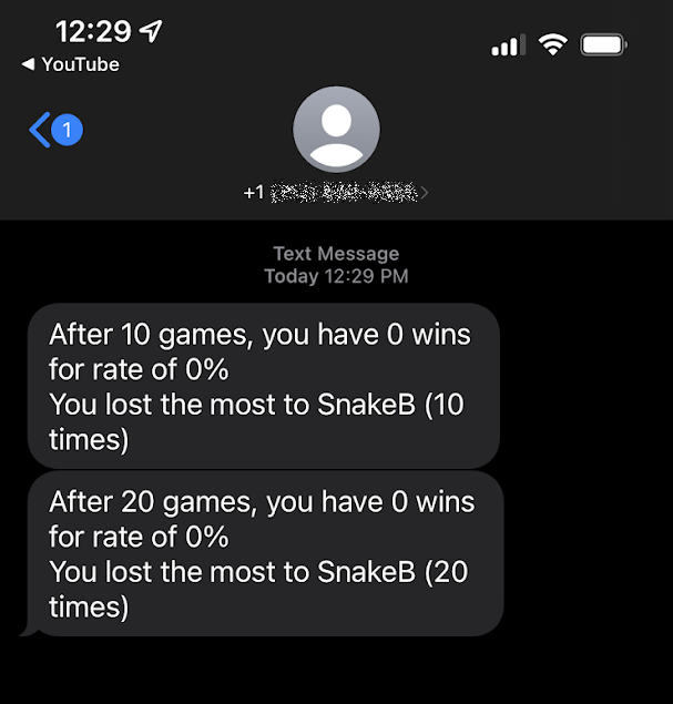 SMS conversation showing snake win count and percentage